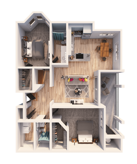 Floor plan for 2 beds, 2 baths, 1129 sqft